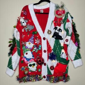 Ugly Christmas Sweater Cardigan LIGHTS UP Tinsel Xmas Party Winner Size Small